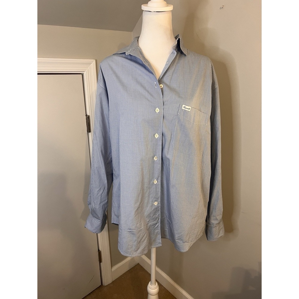 Faconnable Shirt Womens Large 12 14 Blue Checkered Long Sleeve Button